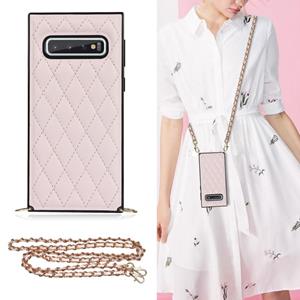 huismerk Voor Samsung Galaxy S10 Elegant Rhombic Pattern Microfiber Leather + TPU Shockproof Case met Crossbody Strap Chain (Pink)