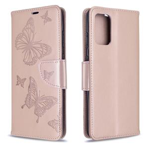 huismerk Voor Galaxy S20+ Embossing Two Butterflies Pattern Horizontal Flip PU Leather Case met Holder & Card Slot & Wallet & Lanyard(Gold)