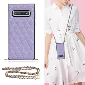 huismerk Voor Samsung Galaxy S10 Elegant Rhombic Pattern Microfiber Leather + TPU Shockproof Case met Crossbody Strap Chain (Purple)