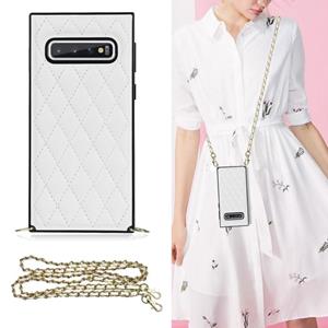 huismerk Voor Samsung Galaxy S10 + Elegant Rhombic Pattern Microfiber Leather + TPU Shockproof Case met Crossbody Strap Chain (White)