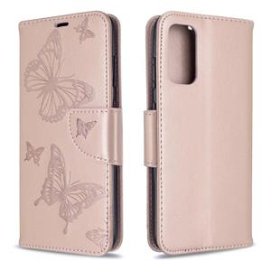 huismerk Voor Galaxy S20 Embossing Two Butterflies Pattern Horizontal Flip PU Leather Case met Holder & Card Slot & Wallet & Lanyard(Gold)