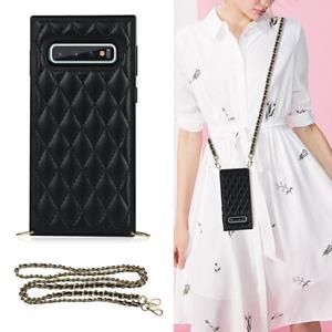 huismerk Voor Samsung Galaxy S10 + Elegant Rhombic Pattern Microfiber Leather + TPU Shockproof Case met Crossbody Strap Chain (Black)