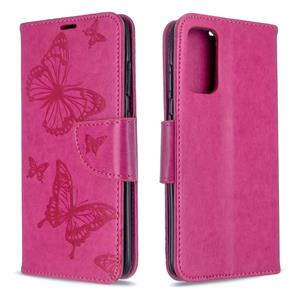 huismerk Voor Galaxy S20 Embossing Two Butterflies Pattern Horizontal Flip PU Leather Case met Holder & Card Slot & Wallet & Lanyard(Rose Red)