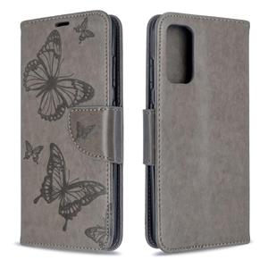 huismerk Voor Galaxy S20 Embossing Two Butterflies Pattern Horizontal Flip PU Leather Case met Holder & Card Slot & Wallet & Lanyard(Grey)