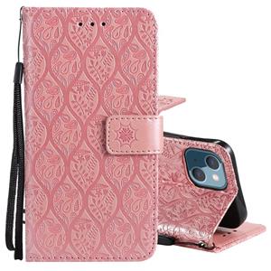 huismerk Pressed Printing Rattan Bloem Patroon Horizontale Flip PU Lederen Case met Houder & Kaart Slots & Portemonnee & Fotolijst voor iPhone 13 Mini (Rose Go