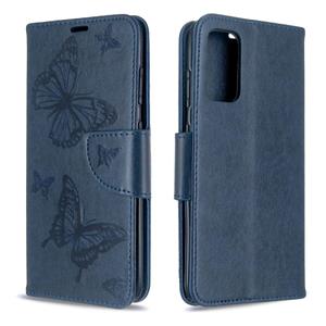 huismerk Voor Galaxy S20 Embossing Two Butterflies Pattern Horizontal Flip PU Leather Case met Holder & Card Slot & Wallet & Lanyard(Blue)