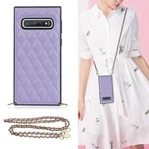 huismerk Voor Samsung Galaxy S10 + Elegant Rhombic Pattern Microfiber Leather + TPU Shockproof Case met Crossbody Strap Chain (Purple)