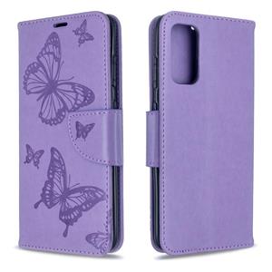 huismerk Voor Galaxy S20 Embossing Two Butterflies Pattern Horizontal Flip PU Leather Case met Holder & Card Slot & Wallet & Lanyard(Paars)