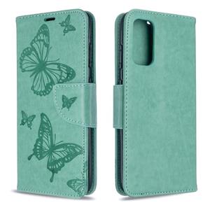 huismerk Voor Galaxy S20 Embossing Two Butterflies Pattern Horizontal Flip PU Leather Case met Holder & Card Slot & Wallet & Lanyard(Groen)