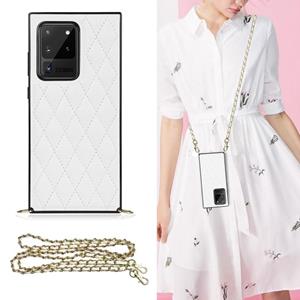 huismerk Voor Samsung Galaxy S20 Ultra Elegant Rhombic Pattern Microfiber Leather + TPU Shockproof Case met Crossbody Strap Chain (White)