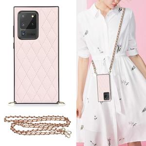 huismerk Voor Samsung Galaxy S20 Ultra Elegant Rhombic Pattern Microfiber Leather + TPU Shockproof Case met Crossbody Strap Chain (Pink)