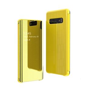 Huismerk Spiegel vergulde ultradunne mobiele telefoon Smart beschermhoes voor Samsung S10 plus Flip-Free Smart antwoordende telefoon (geel)
