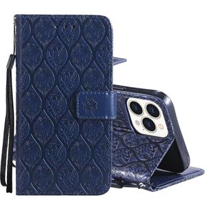 huismerk Pressed Printing Rattan Bloem Patroon Horizontale Flip PU Lederen Case met Houder & Kaart Slots & Portemonnee & Fotolijst voor iPhone 13 Pro (Dark Blu