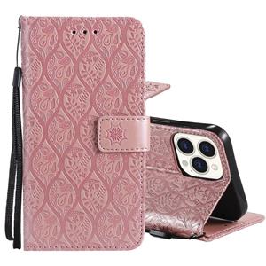 huismerk Pressed Printing Rattan Bloem Patroon Horizontale Flip PU Lederen Case met Houder & Kaart Slots & Portemonnee & Fotolijst voor iPhone 13 Pro (Rose Gol