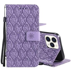 huismerk Gedrukt Printing Rotan Bloem Patroon Horizontale Flip PU Lederen Case Met Houder & Card Slots & Portemonnee & Fotolijst voor iPhone 13 Pro (Purple)