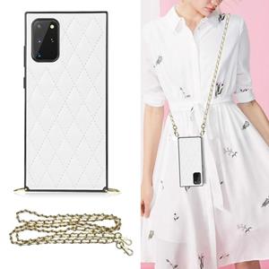 huismerk Voor Samsung Galaxy S20 Elegant Rhombic Pattern Microfiber Leather + TPU Shockproof Case met Crossbody Strap Chain (White)