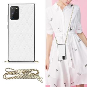 huismerk Voor Samsung Galaxy S20 + Elegant Rhombic Pattern Microfiber Leather + TPU Shockproof Case met Crossbody Strap Chain (White)