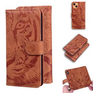 huismerk Tiger embossing patroon horizontale flip lederen geval met houder kaart slots &portemonnee voor iPhone 13 mini (bruin)