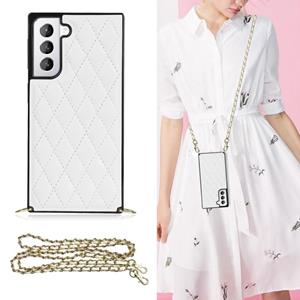 huismerk Voor Samsung Galaxy S21 5G Elegant Rhombic Pattern Microfiber Leather + TPU Shockproof Case met Crossbody Strap Chain (White)