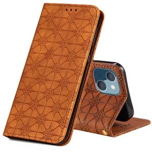 huismerk Lucky Flowers embossing patroon magnetische horizontale flip lederen tas met houder & kaart slots voor iphone 13 mini (geel bruin)