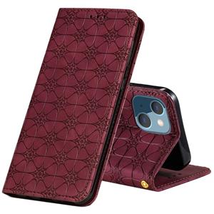 huismerk Lucky Flowers embossing patroon magnetische horizontale flip lederen tas met houder & kaart slots voor iphone 13 mini (wijn rood)