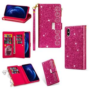 huismerk Voor iPhone XS Max Multi-card Slots Starry Sky Laser Carving Glitter Zipper Horizontale Flip Lederen Case met Holder & Wallet & Lanyard(Rose Red)