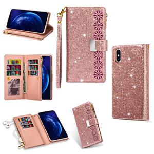 huismerk Voor iPhone XS Max Multi-card Slots Starry Sky Laser Carving Glitter Zipper Horizontale Flip Lederen Case met Holder & Wallet & Lanyard(Rose Gold)