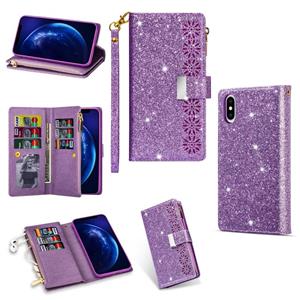 huismerk Voor iPhone XR Multi-card Slots Starry Sky Laser Carving Glitter Zipper Horizontale Flip Lederen Case met Holder & Wallet & Lanyard(Paars)