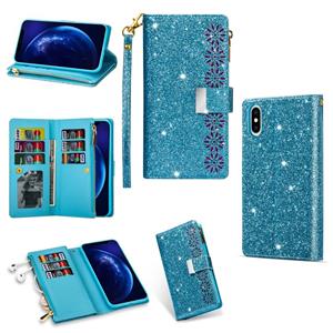 huismerk Voor iPhone XR Multi-card Slots Starry Sky Laser Carving Glitter Zipper Horizontale Flip Lederen Case met Holder & Wallet & Lanyard(Sky Blue)