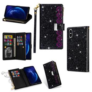 huismerk Voor iPhone XR Multi-card Slots Starry Sky Laser Carving Glitter Zipper Horizontale Flip Lederen Case met Holder & Wallet & Lanyard(Zwart)