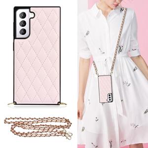 huismerk Voor Samsung Galaxy S21 5G Elegant Rhombic Pattern Microfiber Leather + TPU Shockproof Case met Crossbody Strap Chain (Pink)