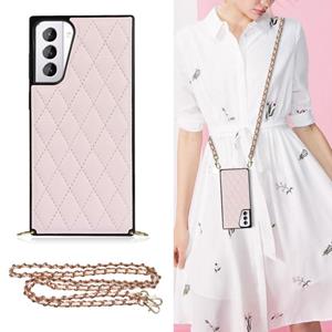 huismerk Voor Samsung Galaxy S21 + 5G Elegant Rhombic Pattern Microfiber Leather + TPU Shockproof Case met Crossbody Strap Chain (Pink)