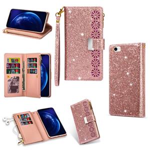 huismerk Voor iPhone SE 2020 / 8 / 7 Multi-card Slots Starry Sky Laser Carving Glitter Zipper Horizontale Flip Lederen Case met Holder & Wallet & Lanyard(Rose