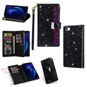 huismerk Voor iPhone SE 2020 / 8 / 7 Multi-card Slots Starry Sky Laser Carving Glitter Zipper Horizontale Flip Lederen Case met Holder & Wallet & Lanyard(Zwart