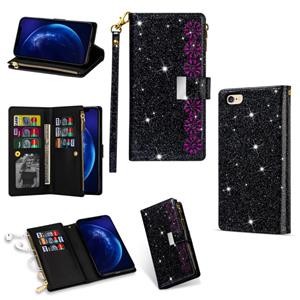 huismerk Voor iPhone 6 Plus / 6s Plus Multi-card Slots Starry Sky Laser Carving Glitter Zipper Horizontale Flip Lederen Case met Holder & Wallet & Lanyard(Zwar