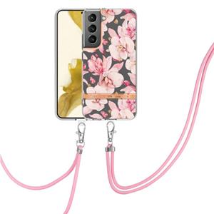 huismerk Voor Samsung Galaxy S22 5G Flowers Series TPU-telefoonhoesje met Lanyard (Pink Gardenia)