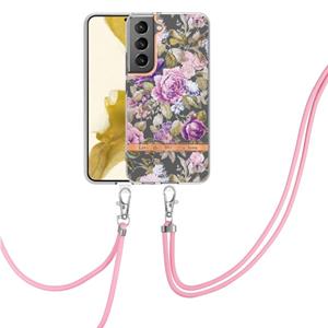 huismerk Voor Samsung Galaxy S22 5G Bloemen Serie TPU Telefoonhoesje met Lanyard (Purple Peony)