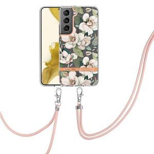 huismerk For Samsung Galaxy S22+ 5G Flowers Series TPU Phone Case with Lanyard(Green Gardenia)