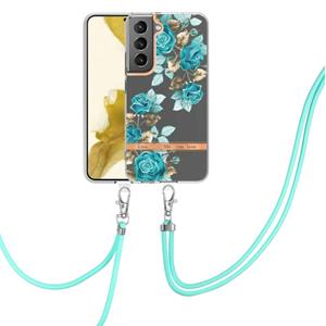 huismerk For Samsung Galaxy S22+ 5G Flowers Series TPU Phone Case with Lanyard(Blue Rose)