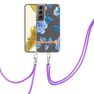 huismerk For Samsung Galaxy S22+ 5G Flowers Series TPU Phone Case with Lanyard(Blue Peony)