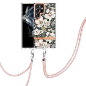 huismerk For Samsung Galaxy S22 Ultra 5G Flowers Series TPU Phone Case with Lanyard(Green Gardenia)