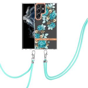 huismerk For Samsung Galaxy S22 Ultra 5G Flowers Series TPU Phone Case with Lanyard(Blue Rose)