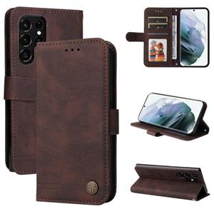 huismerk Voor Samsung Galaxy S22 Ultra Skin Feel Life Tree Metal Button Horizontal Flip Leather Telefoon Case (Brown)