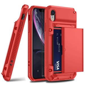 huismerk Voor iPhone XR PC + TPU Schokbestendig Heavy Duty Armor Beschermhoesje met Slide Multi-Card Slot (Rood)