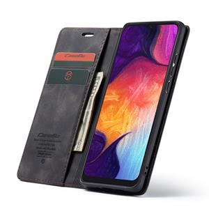 CaseMe-013 multifunctionele retro Frosted horizontale Flip lederen case voor Galaxy A50 met kaartsleuf & houder & rits portemonnee & fotolijst (zwart