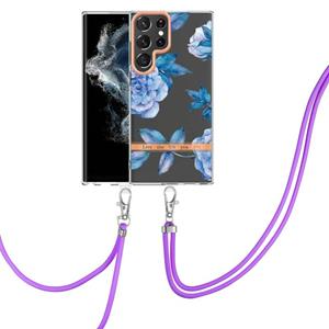 huismerk For Samsung Galaxy S22 Ultra 5G Flowers Series TPU Phone Case with Lanyard(Blue Peony)