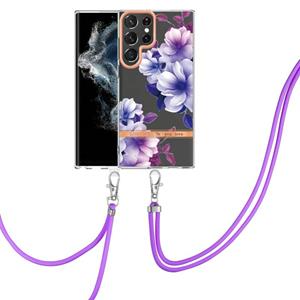 huismerk For Samsung Galaxy S22 Ultra 5G Flowers Series TPU Phone Case with Lanyard(Purple Begonia)