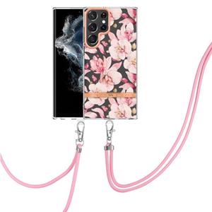 huismerk Voor Samsung Galaxy S22 Ultra 5G Flowers Series TPU Telefoonhoesje met Lanyard (Pink Gardenia)