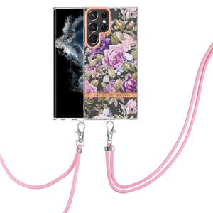 huismerk Voor Samsung Galaxy S22 Ultra 5G Bloemen Serie TPU Telefoonhoesje met Lanyard (Purple Peony)