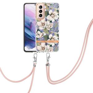 huismerk For Samsung Galaxy S21+ 5G Flowers Series TPU Phone Case with Lanyard(Green Gardenia)